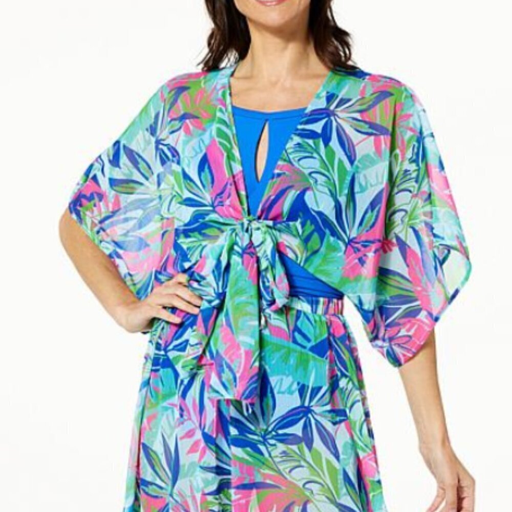 Kathy Ireland BLACK solid Print Chiffon Tie Front Swim Topper S